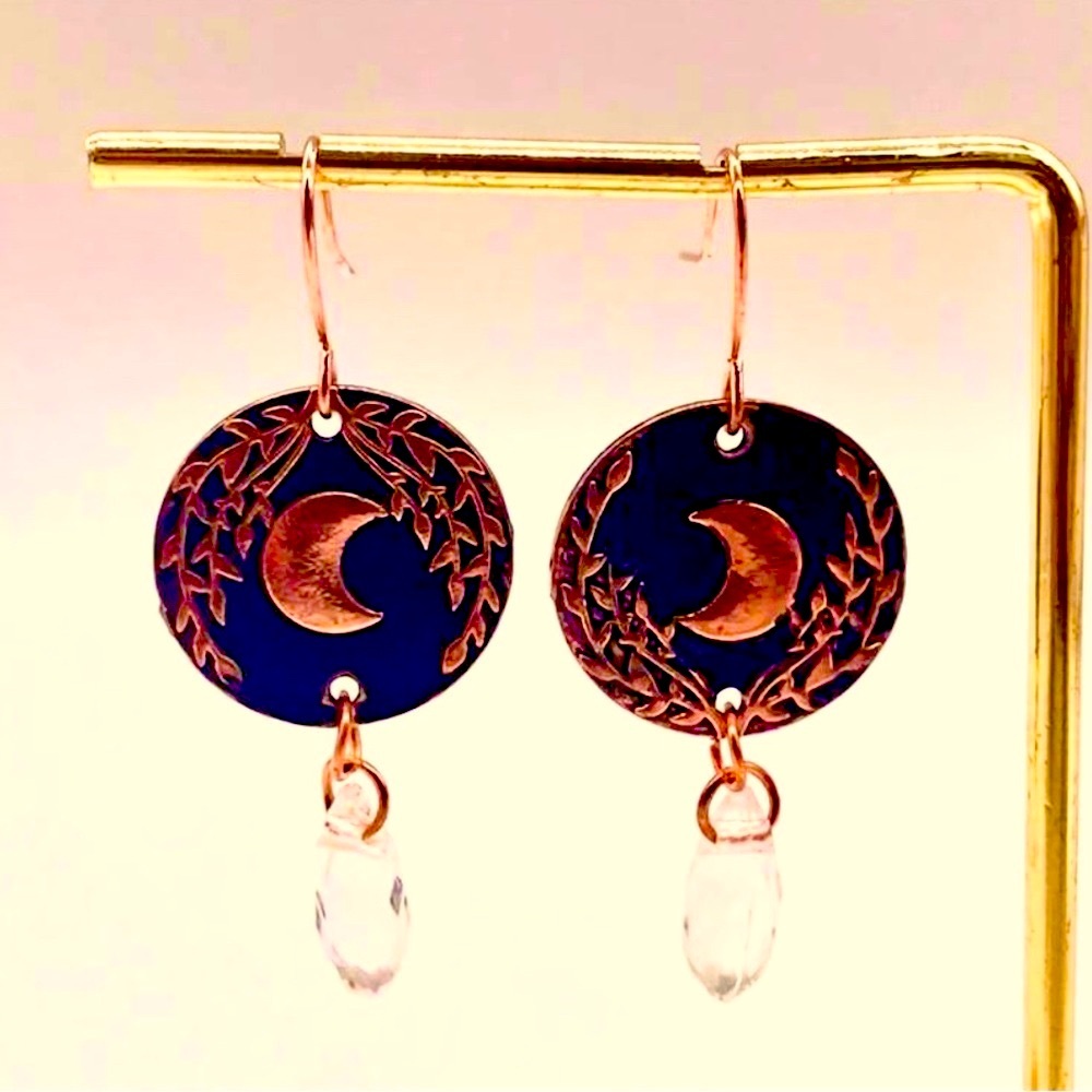New,Little Drops w/Copper Leafed Moons on Black Disc w/Crystals